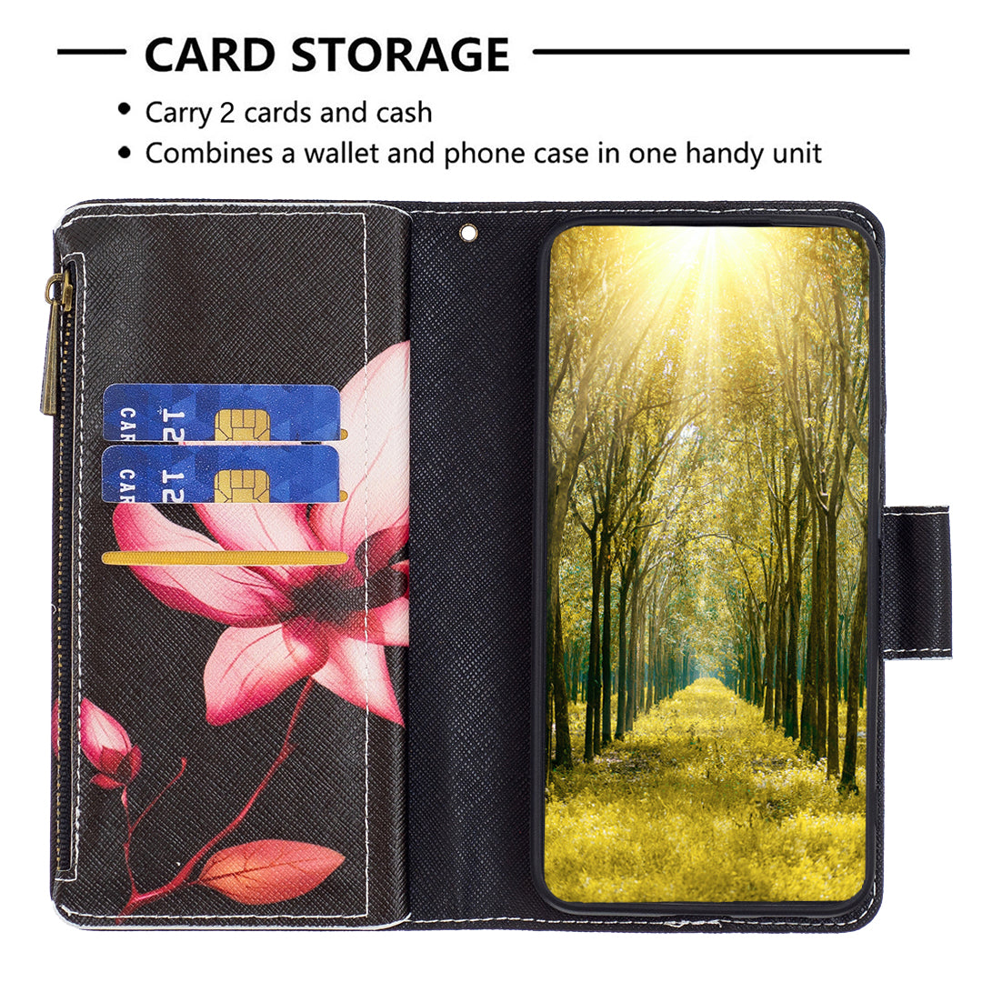 BF03 Zipper Pocket Leather Case for iPhone 15 Pro , Pattern Printing Stand Wallet Phone Cover - Pink Flower BF03 Zipper Pocket Leather Case for iPhone 15 Pro , Pattern Printing Stand Wallet Phone Cover - Pink Flower